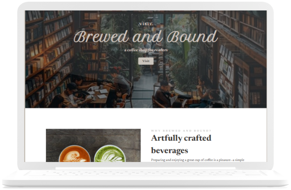 A laptop image of the Brewed and Bound bookshop website