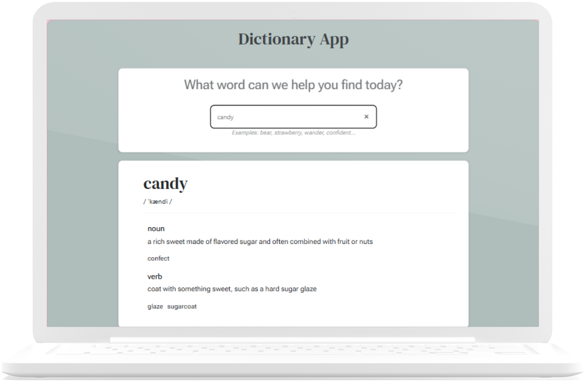 A laptop image of a Dictionary app displaying a word