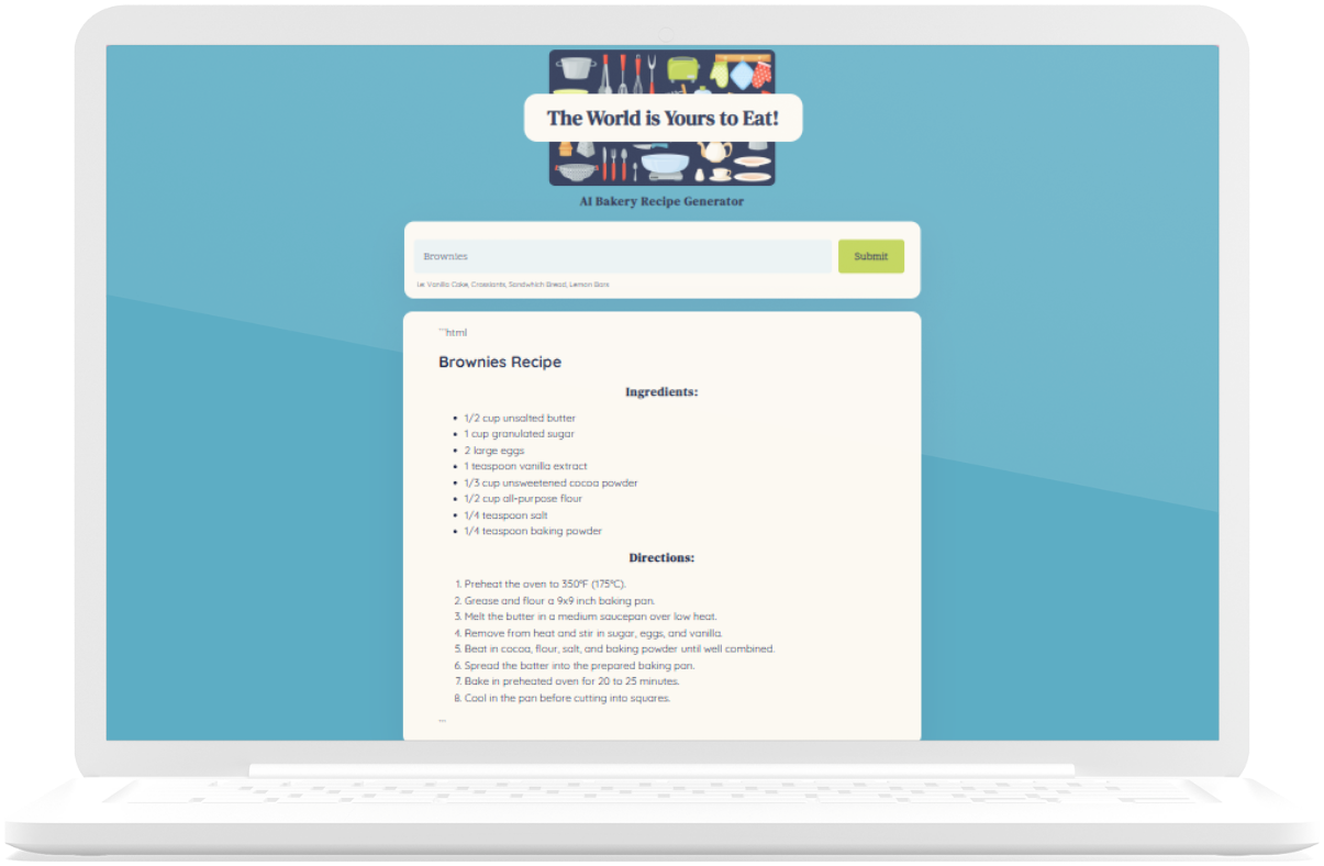 A laptop image of an AI recipe generator with a recipe showing brownies