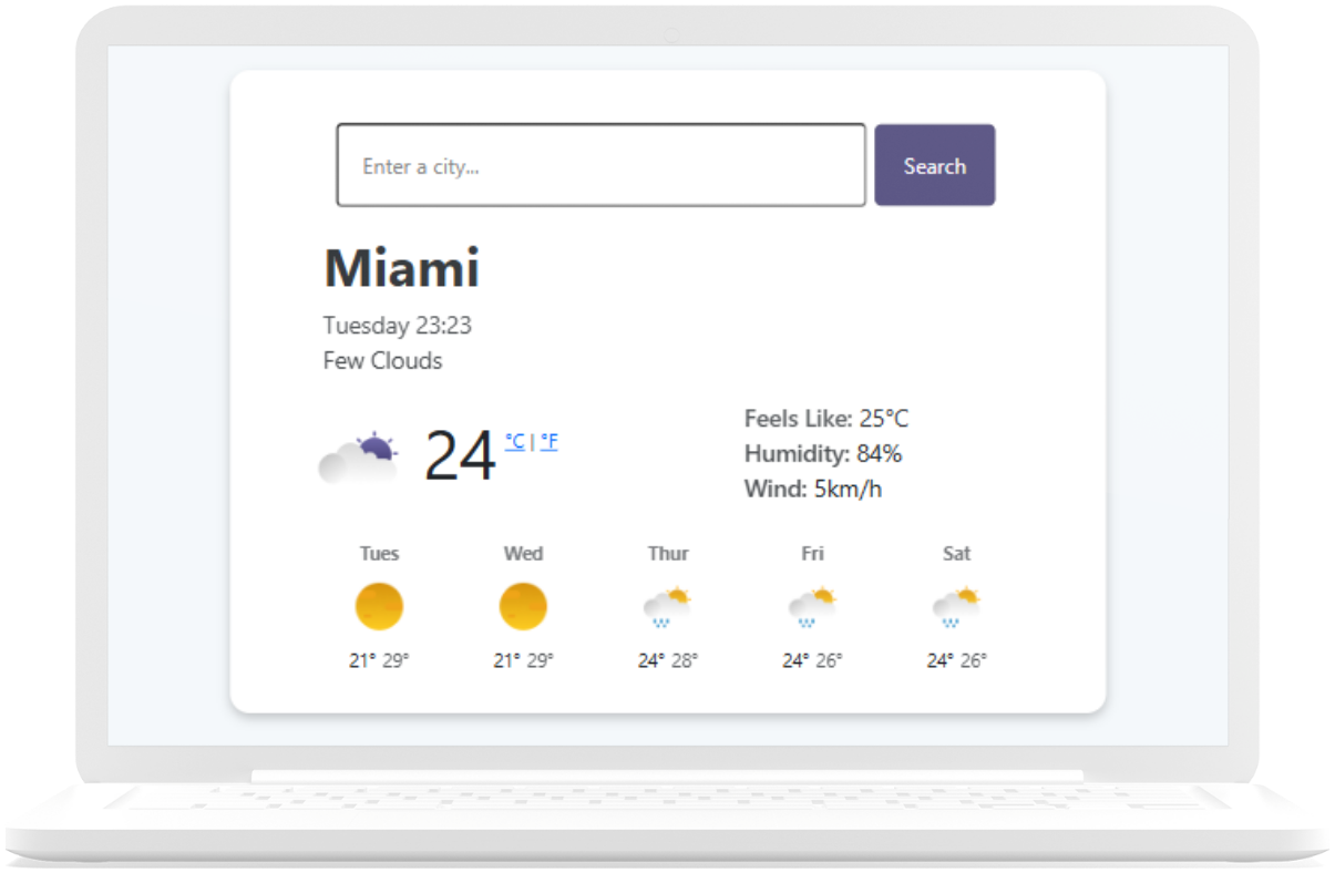 A laptop image of a Weather app displaying the weather for Miami